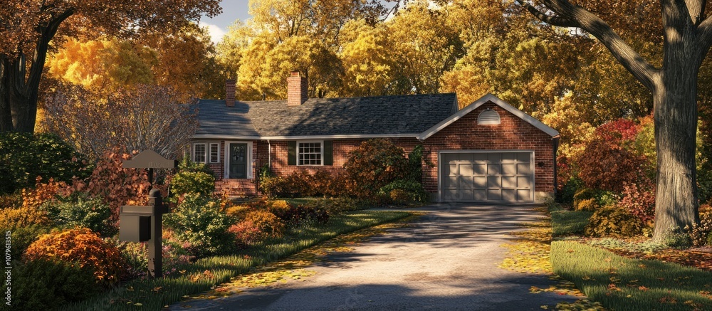 Suburban house with an attached garage, tree-lined driveway, and fall colors in the garden, Suburban house with an attached garage, tree-lined driveway, and fall colors in the garden,