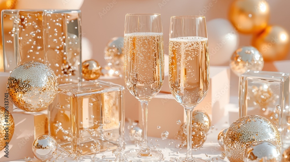 Elegant champagne celebration with sparkling bubbles and gold decor Elegant champagne celebration with sparkling bubbles and gold decor
