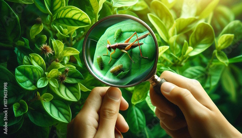 Closeup looking plants with insect in a magnifying glass, fresh green leaves in garden