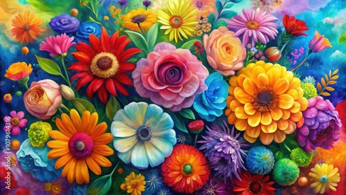 Fototapeta Naklejka Na Ścianę i Meble -  Colorful abstract painting of bright multicolored flowers , vibrant, colorful, vivid, abstract, background, art, paint