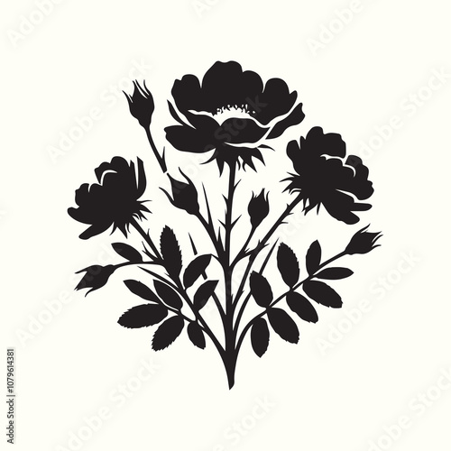 Prairie Rose Vector illustration, Prairie Rose silhouette vector icon black and white