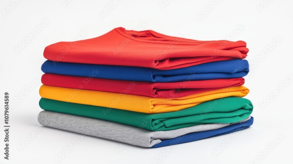 Neatly arranged colorful t shirts stacked on a clean white background Neatly arranged colorful t shirts stacked on a clean white background