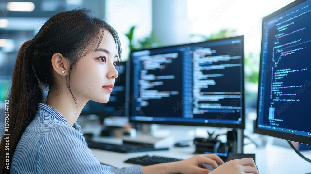 Focused action of a chinese woman programming an ai project in a modern office environment with concentration and innovation Focused action of a chinese woman programming an ai project in a modern office environment with concentration and innovation