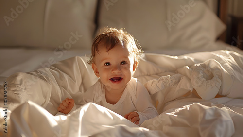 Wallpaper Mural Toddler Smiling in Bed with Morning Sunlight Torontodigital.ca