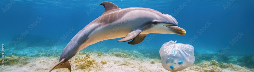 Fototapeta premium A dolphin swims near a plastic bag, highlighting ocean pollution issues.