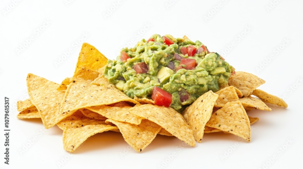 Authentic Mexican guacamole served with crunchy corn chips against a clean white backdrop Authentic Mexican guacamole served with crunchy corn chips against a clean white backdrop