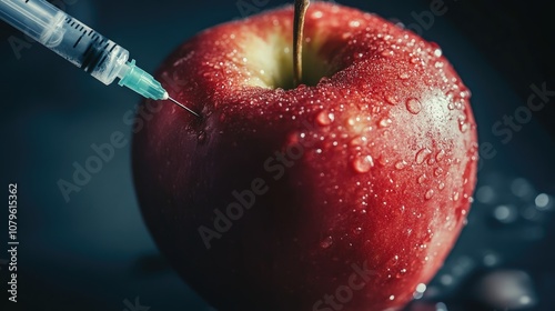 Fototapeta Naklejka Na Ścianę i Meble -  A syringe injects pesticides and nitrates into a red apple highlighting the concepts of GMOs and the importance of chemical free natural fruits