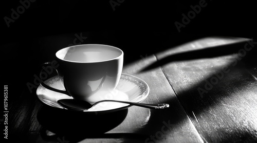 A cup rests on a saucer with a spoon placed in front photo