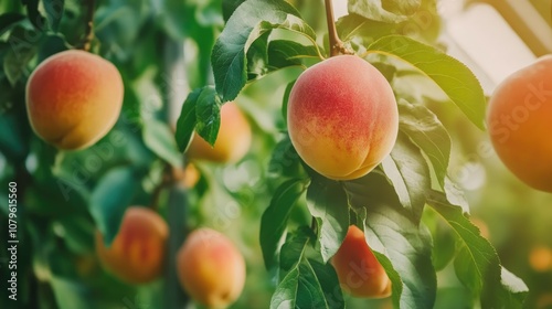 Fototapeta Naklejka Na Ścianę i Meble -  Juicy organic peaches hanging on a tree inside a greenhouse Concept of fresh and healthy fruits