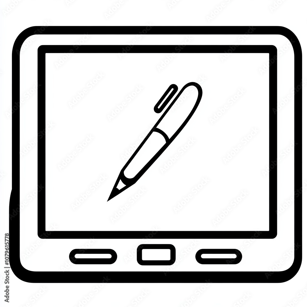 The illustration features a black and white icon of a graphic tablet displaying a stylus, symbolizing digital creativity and modern artistic tools used by artists The illustration features a black and white icon of a graphic tablet displaying a stylus, symbolizing digital creativity and modern artistic tools used by artists
