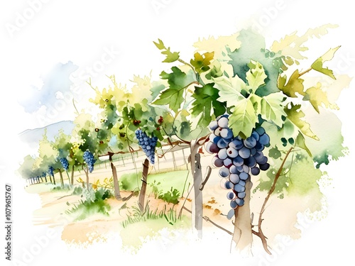 Vineyard Watercolor Painting Landscape Art