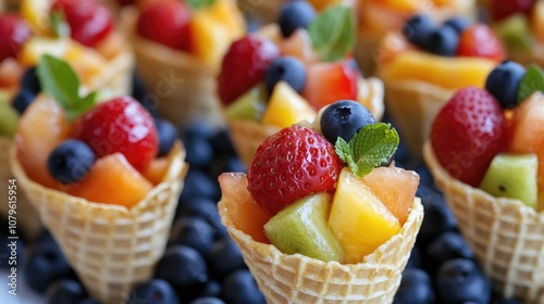 Fresh fruit served in dessert cones ideal for catering and special events photo