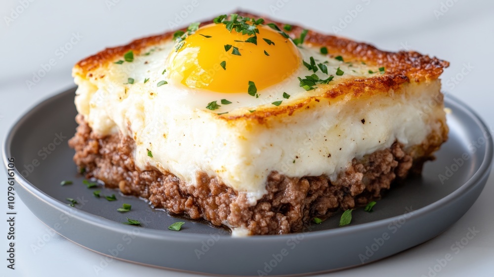Savory breakfast casserole with ground beef and egg on a gray plate Savory breakfast casserole with ground beef and egg on a gray plate