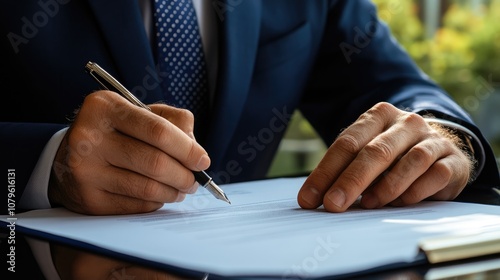 Close up of a businessman s hands holding a pen to sign a document dressed in a navy suit and polka dot tie showcasing an image of professionalism and formality