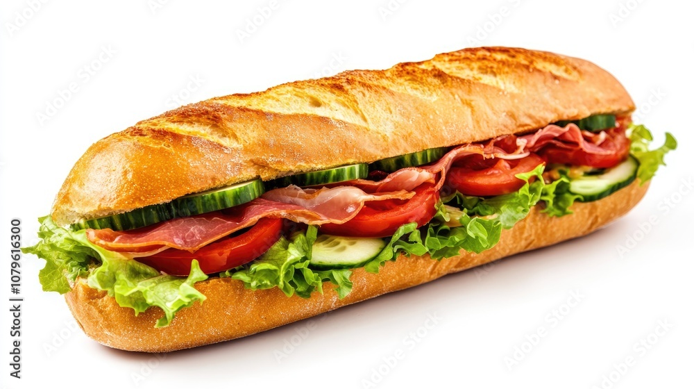 Sub sandwich made with a baguette filled with lettuce tomatoes cucumbers prosciutto ham and cheese against a white backdrop Sub sandwich made with a baguette filled with lettuce tomatoes cucumbers prosciutto ham and cheese against a white backdrop