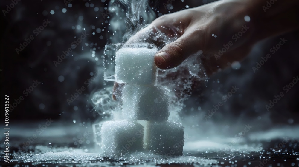 Obraz premium A hand is holding a pile of sugar cubes, which are melting