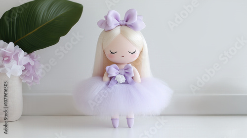 Cute pastel plush doll with lilac dress and bow in minimalist setting