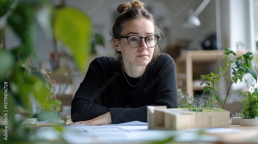 Designing sustainable architecture german woman creating eco-friendly building models at home thoughtful environment modern viewpoint Designing sustainable architecture german woman creating eco-friendly building models at home thoughtful environment modern viewpoint