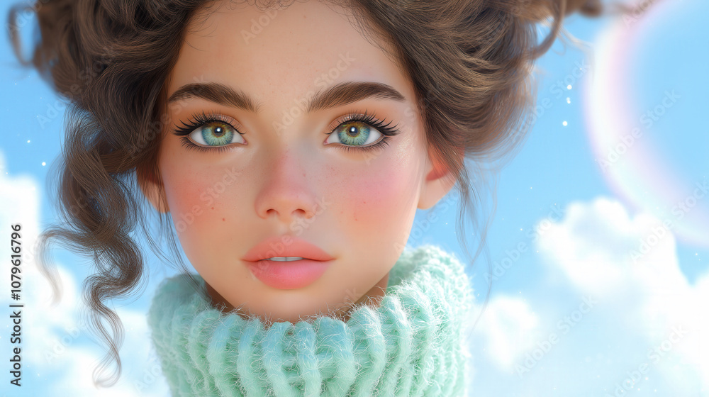 Portrait of a woman with curly hair and bright blue eyes in a cozy sweater against cloudy sky Portrait of a woman with curly hair and bright blue eyes in a cozy sweater against cloudy sky