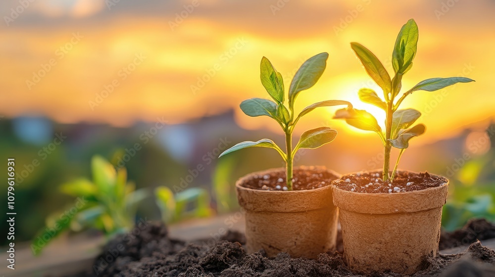 Seedlings growing in eco friendly pots during sunset Seedlings growing in eco friendly pots during sunset