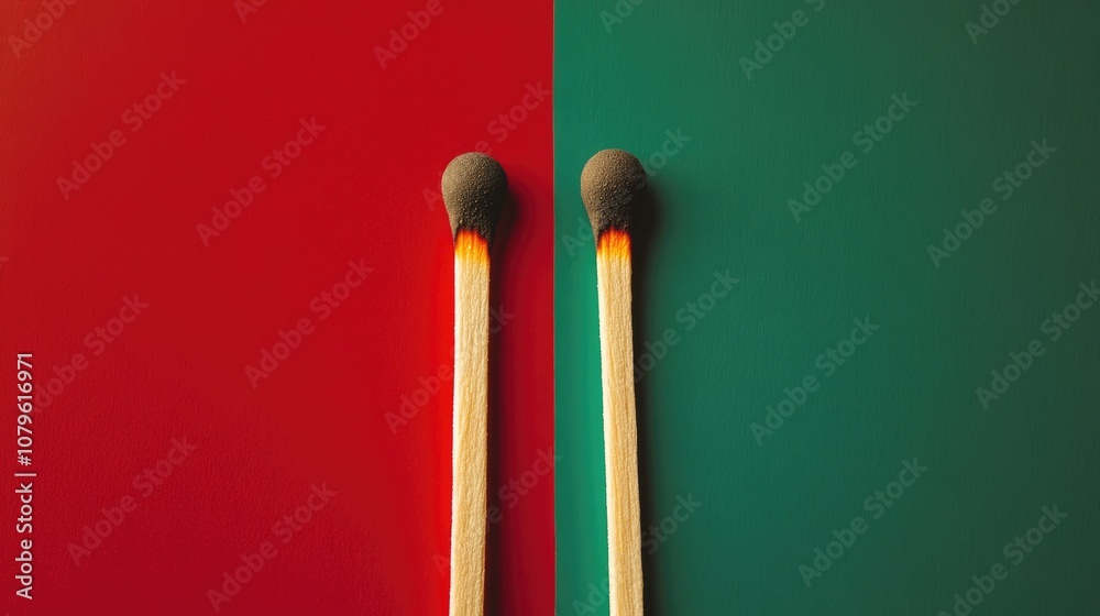 Two ignited matches on a divided green and red backdrop symbolizing concepts emotional fatigue and collaboration Two ignited matches on a divided green and red backdrop symbolizing concepts emotional fatigue and collaboration
