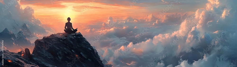 A person meditating on a mountaintop, surrounded by clouds A person meditating on a mountaintop, surrounded by clouds