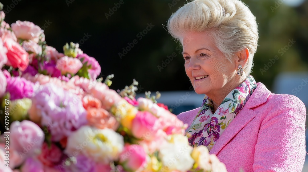 Elegant senior woman in floral attire enjoying a vibrant garden scene Elegant senior woman in floral attire enjoying a vibrant garden scene