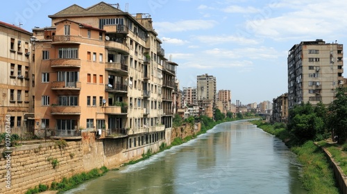 A scenic view of a river lined with buildings under a clear blue sky.