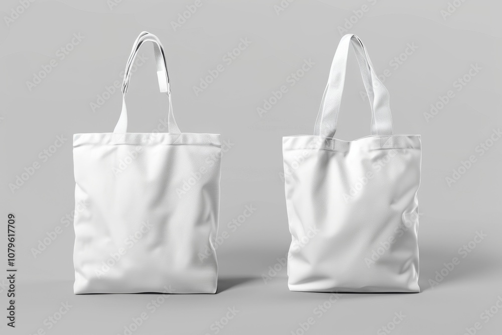 Two white tote bags with handles on a grey background. Two white tote bags with handles on a grey background.