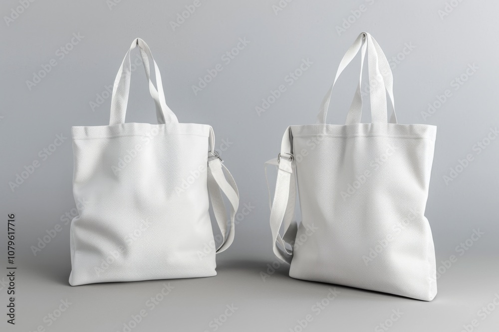 Two white canvas tote bags with long straps on a gray background. Two white canvas tote bags with long straps on a gray background.