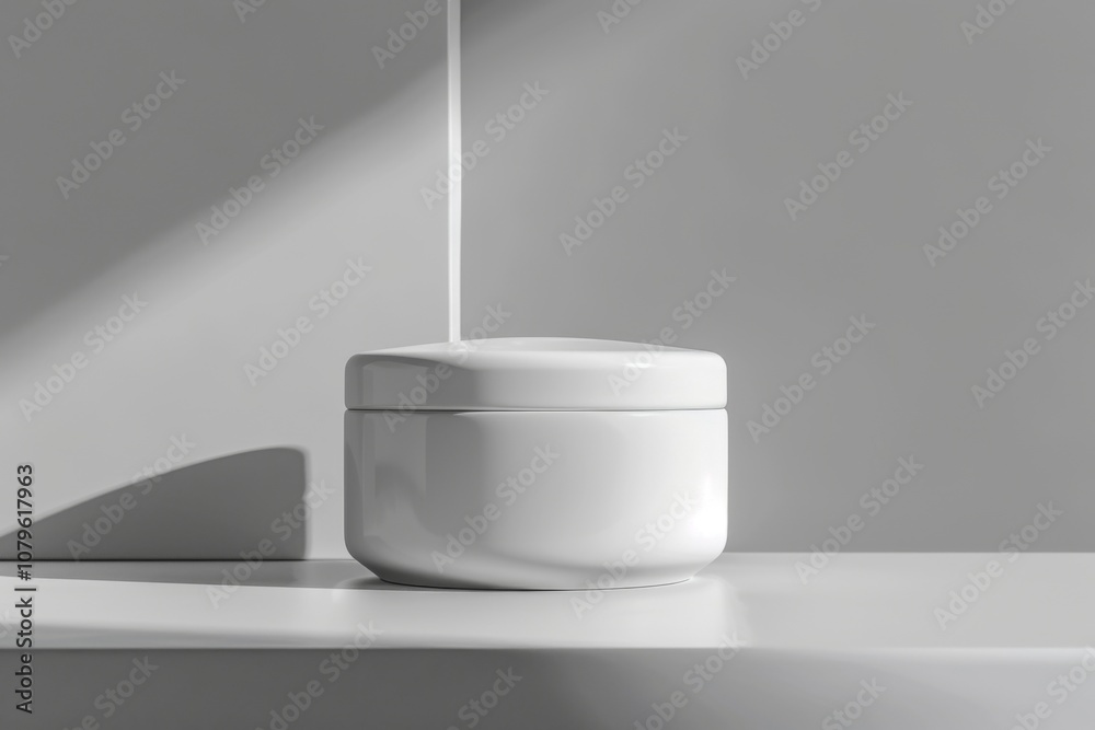 White jar with lid on a white surface with a white wall and shadow behind it. White jar with lid on a white surface with a white wall and shadow behind it.