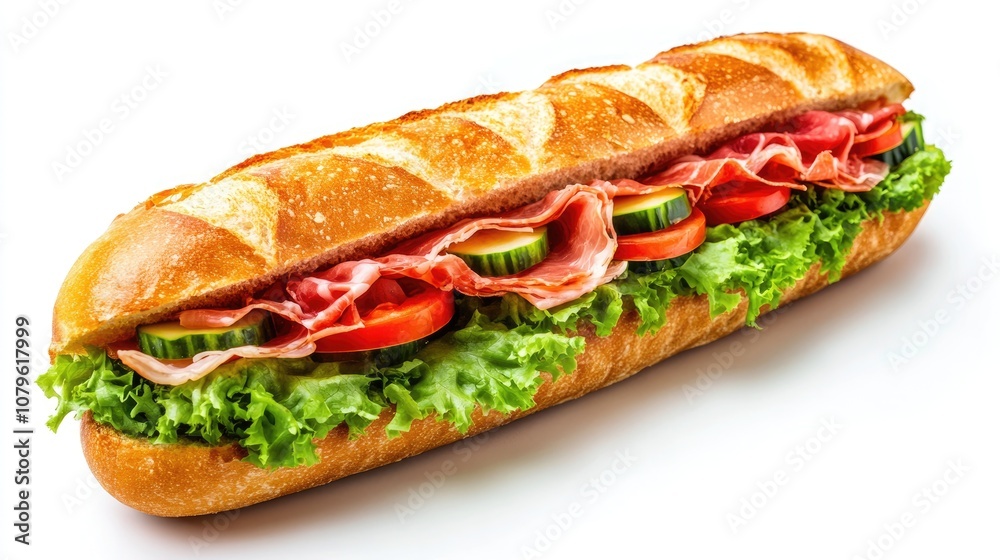 Sub sandwich made with a baguette filled with lettuce tomatoes cucumbers prosciutto ham and cheese against a white backdrop Sub sandwich made with a baguette filled with lettuce tomatoes cucumbers prosciutto ham and cheese against a white backdrop