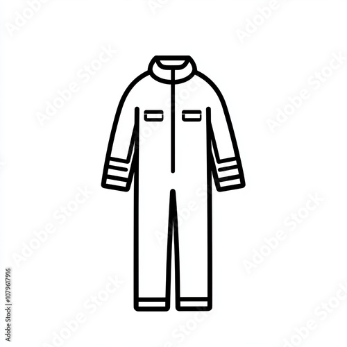 This simple line icon depicts a jumpsuit in black and white with a plain white backdrop, symbolizing workwear or protective clothing for various professions and tasks