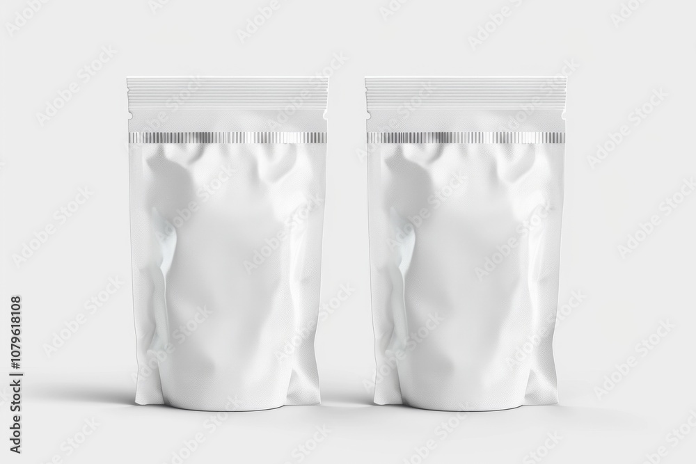 Two white stand-up pouches with zipper seal on white background. Two white stand-up pouches with zipper seal on white background.