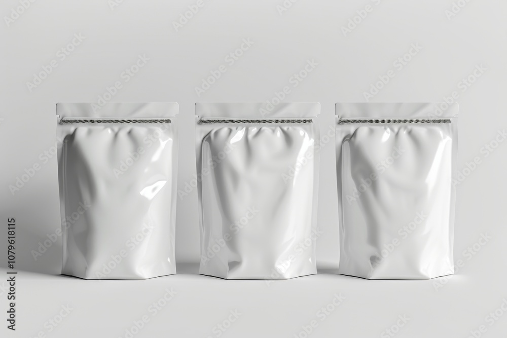 Three white stand-up pouches with zippers. Three white stand-up pouches with zippers.