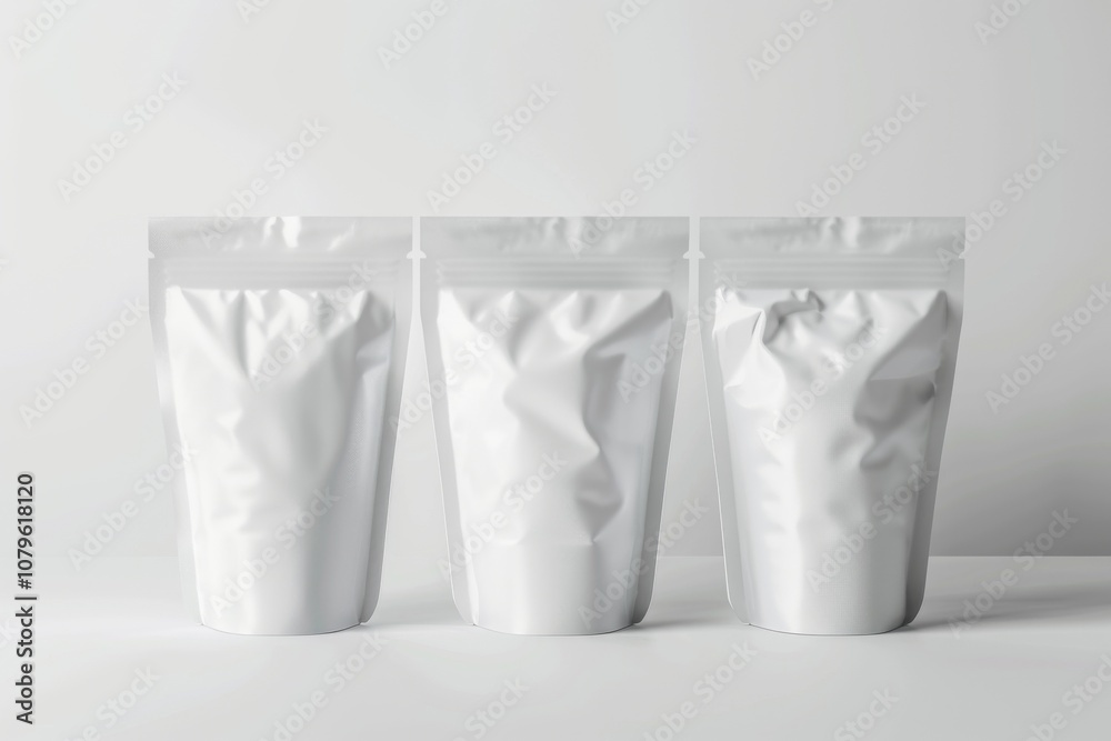 Three blank white stand up pouches with zipper on white background.