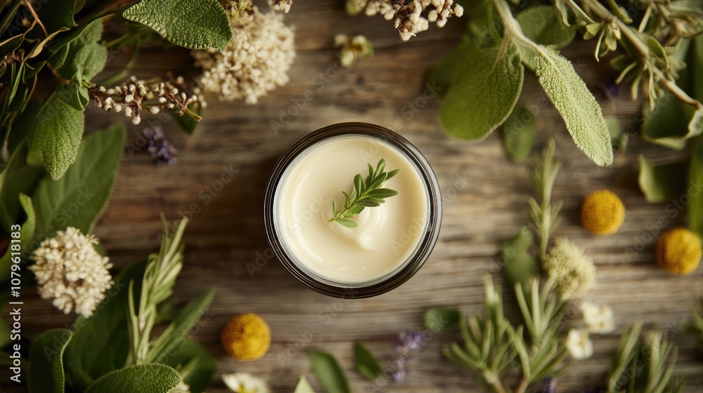 Herbal Infusion Aerial View of Moisturizing Cream Jar Featuring Organic Ingredients and Leafy Backdrop Herbal Infusion Aerial View of Moisturizing Cream Jar Featuring Organic Ingredients and Leafy Backdrop