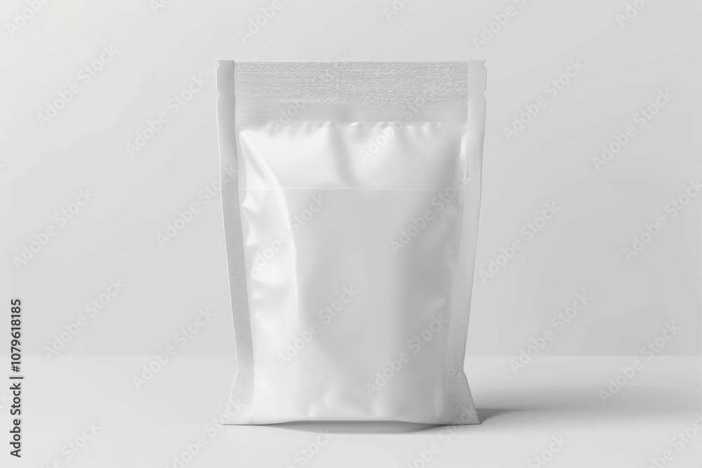 Blank white stand-up pouch with zipper on a white background.