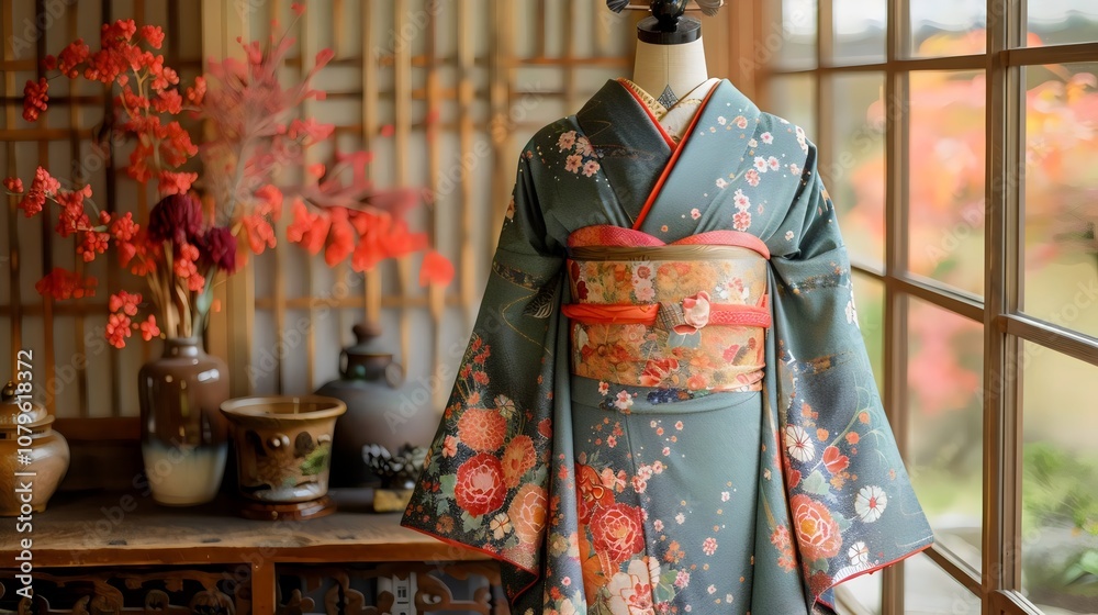 A woman is wearing a traditional Japanese kimono A woman is wearing a traditional Japanese kimono