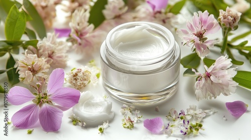 Whitening and hydrating face cream in an open glass jar accompanied by flowers on a white background Ideal for spa and skincare routines addressing issues like scars acne and wrinkles