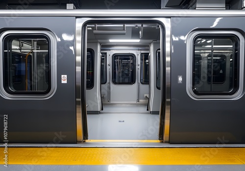 A photograph of an empty subway train with its doors open. The windows and door frames have silver metal trim around them.
