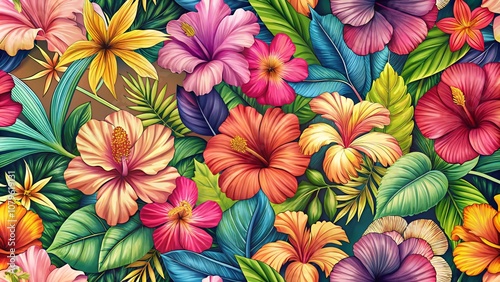 the beauty of nature with a colorful hibiscus pattern in a whimsical and playful drawing style, featuring the exotic flowers in bold and striking designs that will add a pop of color to any surface