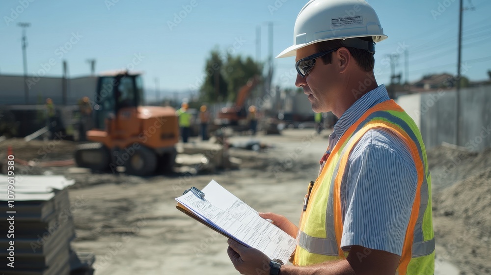 A civil engineer reviewing safety protocols on-site with workers using power drills and welding machines in the background. A civil engineer reviewing safety protocols on-site with workers using power drills and welding machines in the background.