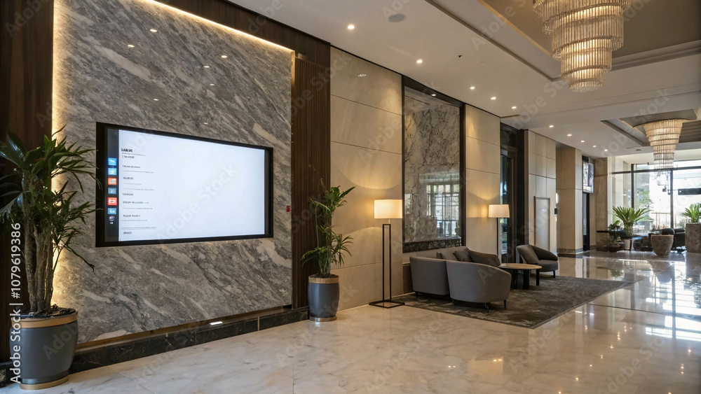 living room with tv.Modern Hotel Lobby with Blank Digital Display Screen on a Stylish Marble Wall and Sleek Furniture in an Inviting Setting living room with tv.Modern Hotel Lobby with Blank Digital Display Screen on a Stylish Marble Wall and Sleek Furniture in an Inviting Setting