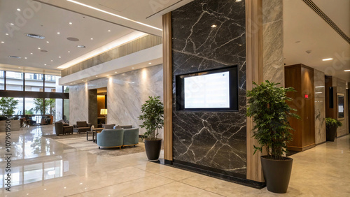 A Modern Hotel Lobby with Blank Digital Display Screen on a Stylish Marble Wall and Sleek Furniture in an Inviting Setting