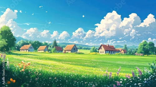 A serene landscape featuring quaint houses amidst lush greenery and vibrant flowers under a blue sky.