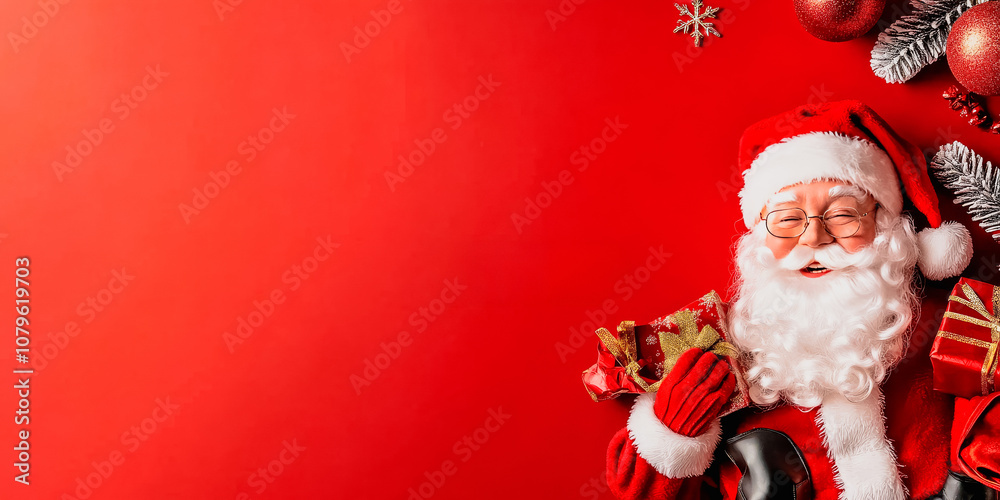 Santa Claus on Red Background: A jolly Santa Claus with a white beard and red suit smiles warmly, surrounded by Christmas ornaments and gifts against a vibrant red backdrop. Santa Claus on Red Background: A jolly Santa Claus with a white beard and red suit smiles warmly, surrounded by Christmas ornaments and gifts against a vibrant red backdrop.