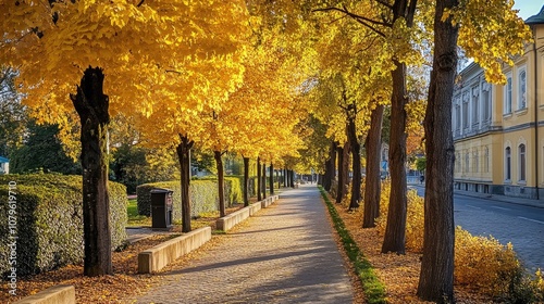 Fototapeta Naklejka Na Ścianę i Meble -  Trimmed linden trees line the streets in warm seasons displaying vibrant small to medium yellow foliage