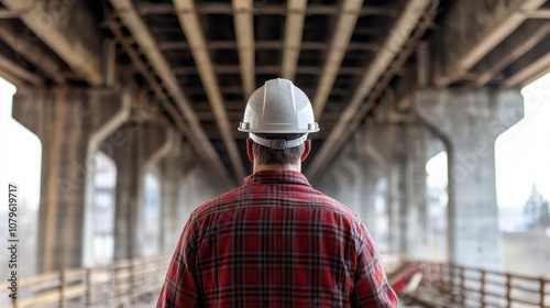 A civil engineer wearing a hard hat and carrying construction tools while inspecting the structural integrity of a bridge under construction.