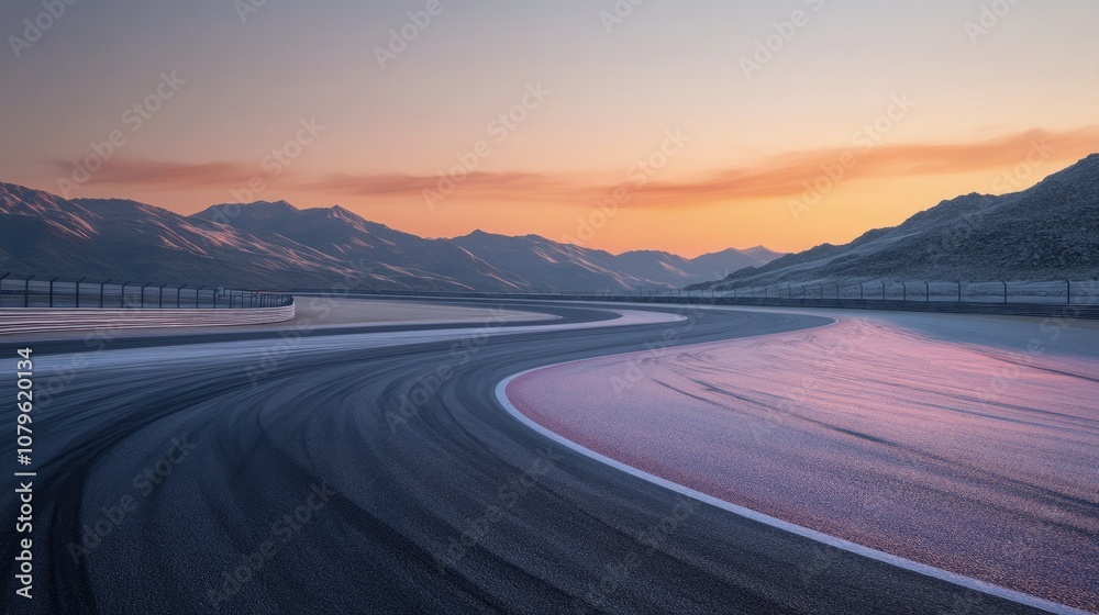 Naklejka premium Curved racetrack against a backdrop of mountains illuminated by sunrise Ideal for motorsport and racing themes High quality image